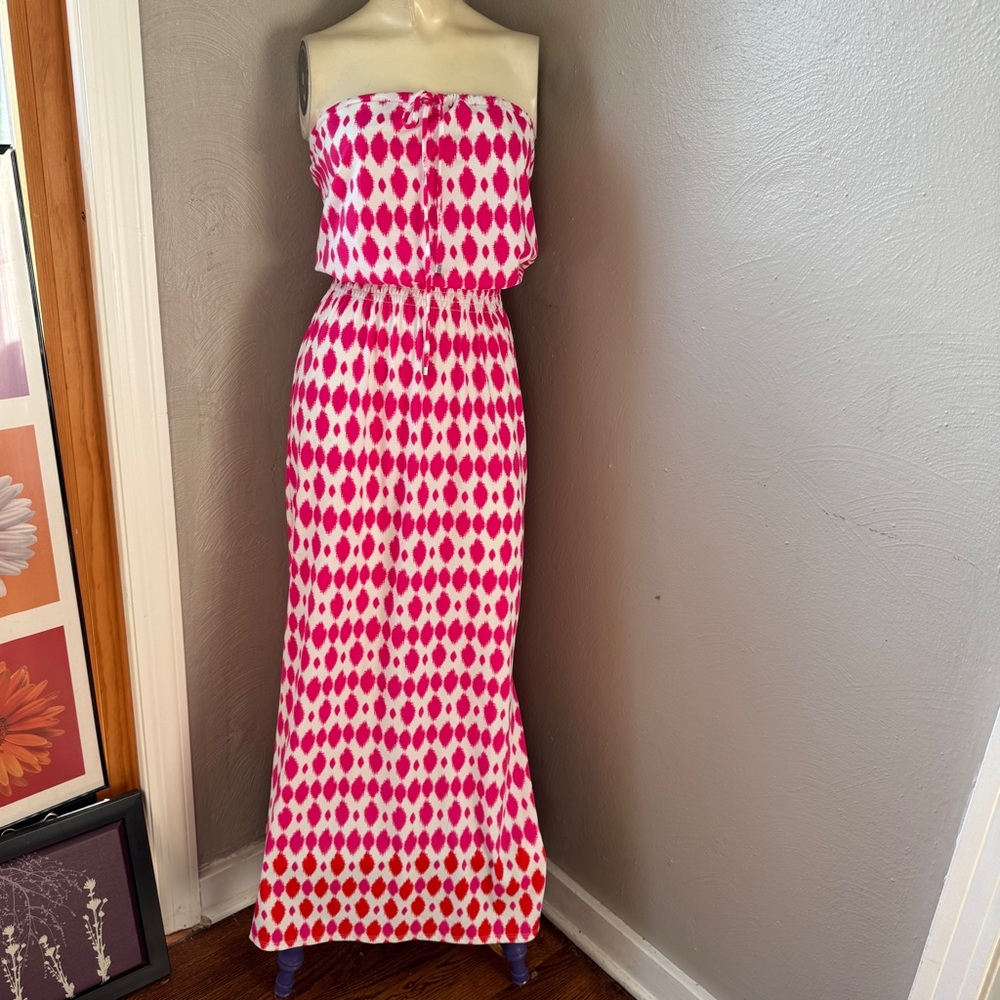 Jude Connally Bria strapless maxi dress in a pink and white ikat print XS